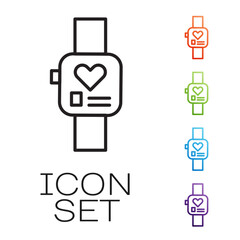 Black line Smart watch showing heart beat rate icon isolated on white background. Fitness App concept. Set icons colorful. Vector
