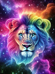 colorful lion head, space, nebula, shining stars, create with generative Ai
