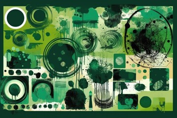 Illustration of an abstract painting featuring green and black circles. Generative AI