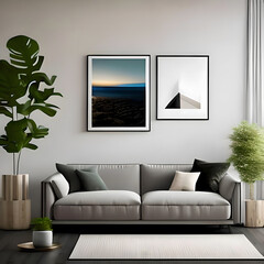 Modern living room with landscape poster on the wall. Neutral colors, plants and sofa. Generative AI.