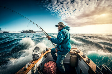 Man fish fishing in the ocean on a boat, lifestyle hobby fishing, father's day. Generative AI