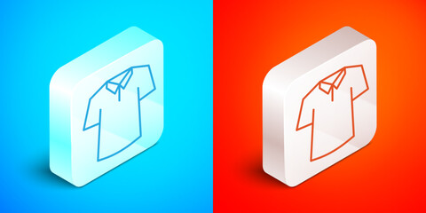 Isometric line Shirt icon isolated on blue and red background. Silver square button. Vector