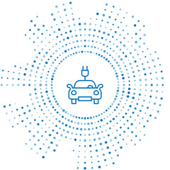Blue line Electric car and electrical cable plug charging icon isolated on white background. Renewable eco technologies. Abstract circle random dots. Vector