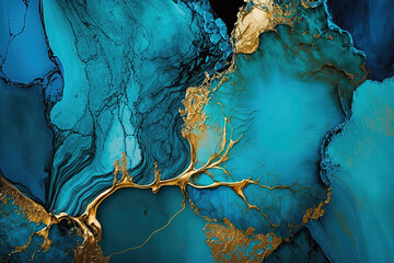 Abstract acohol ink art blue and gold background. Ai generated.