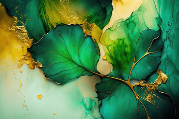 Marble ink abstract art green and gold background. Ai generated