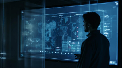 Businessman / woman working on futuristic screen for a technology Company inside office generative art 