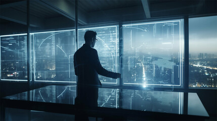 Businessman / woman working on futuristic screen for a technology Company inside office generative art 