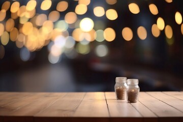 Product Display on Empty Cafe Table with Bokeh Effect. Restaurant Table with Blurred Background