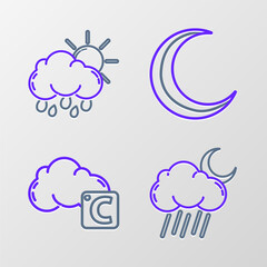 Set line Cloud with rain and moon, Celsius cloud, Moon stars and sun icon. Vector