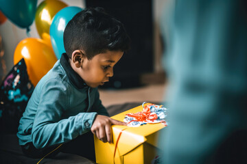 Young boy getting a gift for his birthday. High quality generative ai