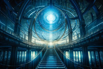 Fantasy big hall in heaven or in a spiritual dimension. Deep spiritual dimensions and life after death concept. Created with Generative AI technology.