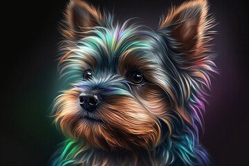 Cute puppy portrait of a Yorkshire terrier with bright colors isolated on black background. Generative AI