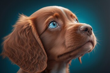 Close-up adorable baby dog Labrador portrait isolated on blue background.