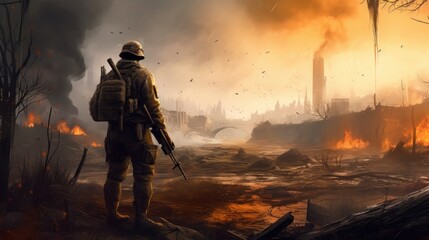 Naklejka premium Soldier in a Post Apocalyptic World, Generative AI