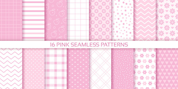Pink background. Girly seamless pattern. Set scrapbook prints. Baby girl texture with polka dot, zigzag, flowers, heart and check. Cute pastel packing paper for scrap design. Color vector illustration