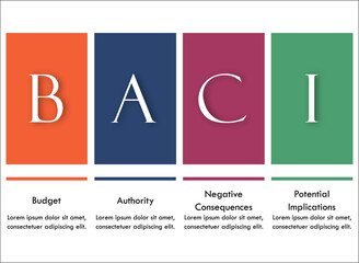 BACI Sales Process - Budget, Authority, Negative Consequences, Potential Implications. Infographic template with icons and description placeholder
