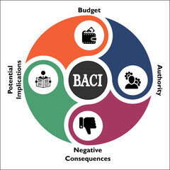 BACI Sales Process - Budget, Authority, Negative Consequences, Potential Implications. Infographic template with icons and description placeholder