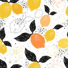 Citrus seamless pattern.Seamless pattern with lemons.Summer vector background.Textile texture with lemons.Fabric with yellow lemons.