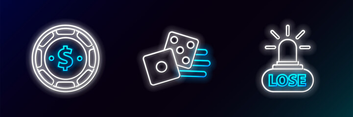 Set line Casino losing, chip with dollar and Game dice icon. Glowing neon. Vector