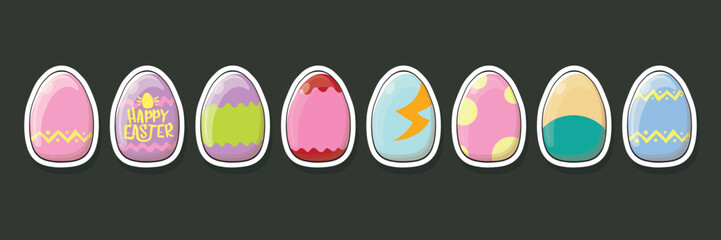 Set of color hand drawn Easter eggs with different texture isolated on grey background. Spring holiday. Vector Illustration. Happy easter eggs horizontal banner