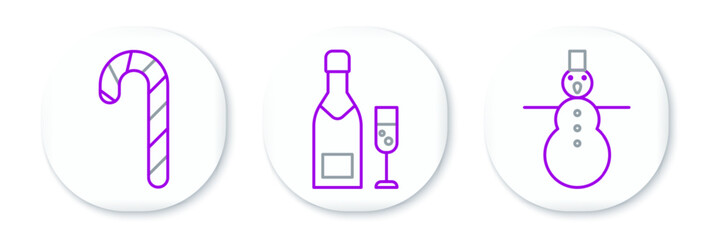 Set line Christmas snowman, candy cane with stripes and Champagne bottle glass of champagne icon. Vector