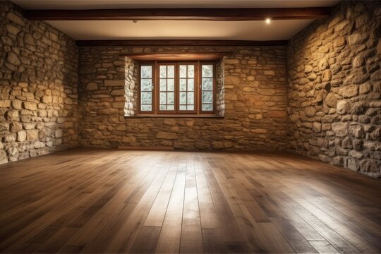 Illustration of an empty room with rustic wooden flooring and rough stone walls. Generative AI