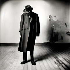 Illustration: Portrait of a male ghost in an empty room; retro 1950 style; empty suit