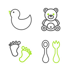Set line Baby cutlery with fork and spoon, footprints, Teddy bear plush toy and Rubber duck icon. Vector