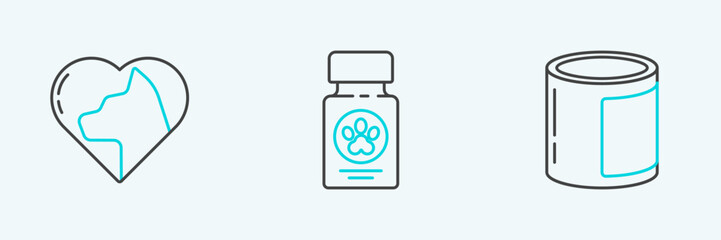 Set line Canned food, Heart with cat and Dog medicine bottle and pills icon. Vector