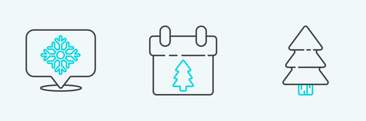 Set line Christmas tree, Snowflake with speech bubble and Calendar icon. Vector