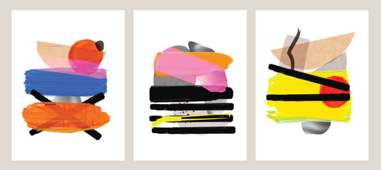 Colorful abstract geometric shapes and lines composition. Abstraction with bright cutout organic elements and irregular forms with different textures. Set of artistic collages. Vector cards