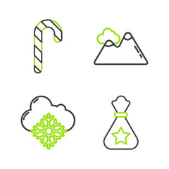Set line Santa Claus bag gift, Cloud with snow, Mountains and Christmas candy cane stripes icon. Vector