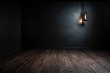 Elegant mockup with wooden floor and dark wall, perfect for product presentation, Generative AI
