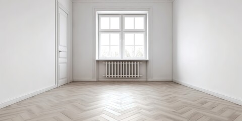 Fototapeta premium Empty corner in a white room with parquet flooring, Generative AI