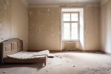 Beige bedroom in an abandoned home with no furniture, Generative AI