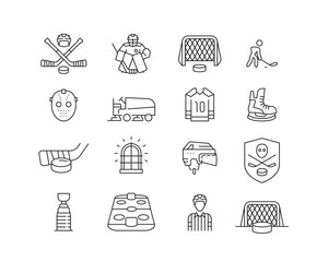 Ice Hockey Icon collection containing 16 editable stroke icons. Perfect for logos, stats and infographics. Change the thickness of the line in Adobe Illustrator (or any vector capable app).
