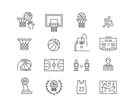 Basketball Icon collection containing 16 editable stroke icons. Perfect for logos, stats and infographics. Change the thickness of the line in Adobe Illustrator (or any vector capable app).