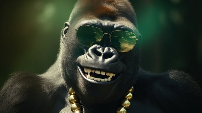 Happy Gorilla with Large Smile and Sunglasses on Jungle Background Showcasing Joyful Mood - generative AI