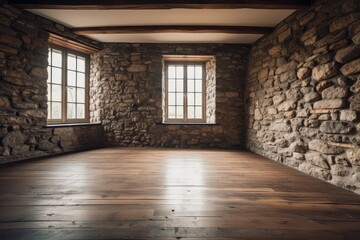 Illustration of an empty room with two windows and a stone wall. Generative AI