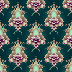 Elegant Damask style seamless pattern. Luxury background with foliage, curly elements, flowers. Royal floral wallpapers. Gold, purple, green tones. Created with generative AI tools. Stylish design