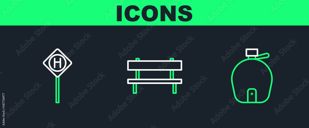 Canvas Prints set line canteen water bottle, parking and bench icon. vector