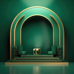 Abstract geometric shape dark green color minimalistic scene with podium, vase and gold flowers. Design for cosmetic or product identity. 3d render. Created with generative AI.