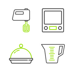 Set line Measuring cup, Covered with tray of food, Electronic scales and Electric mixer icon. Vector