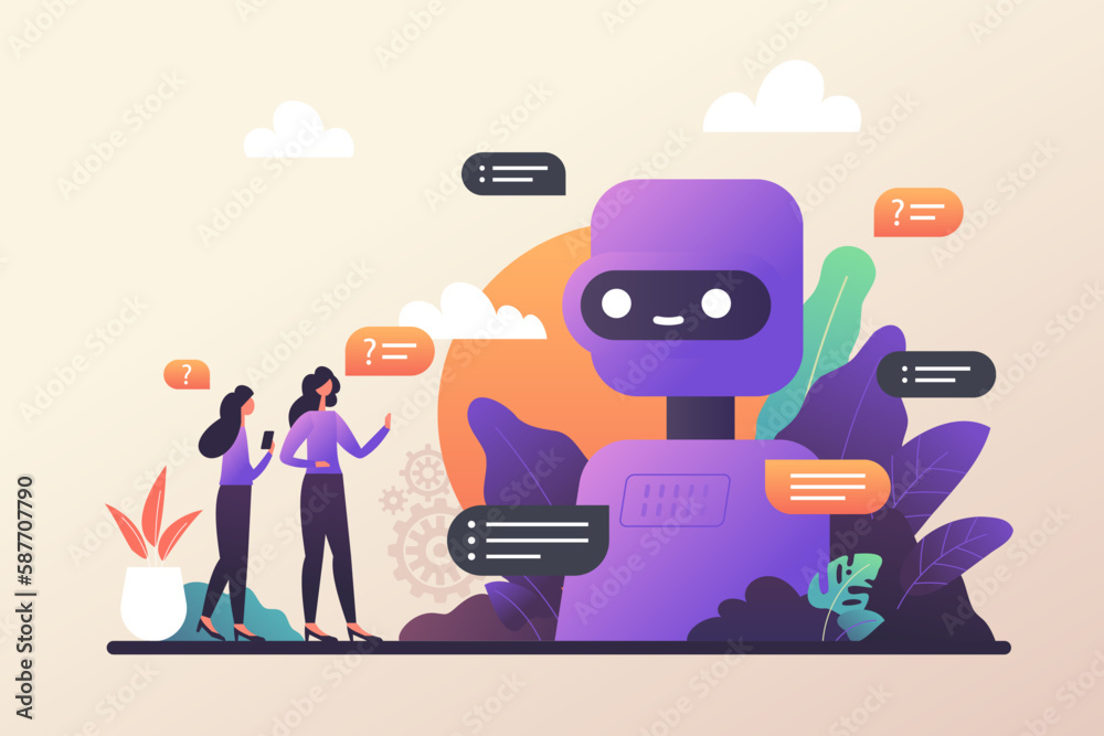 Poster chatbot robot providing online assistance. chat gpt conversation with a person. use of ai in custome