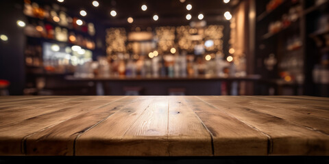 An empty wooden counter table top for product display in a pub or bar. Generative ai