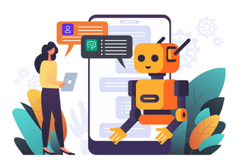 Chatbot robot providing online assistance. Chat GPT conversation with a person. Use of AI in customer service and support or messaging. Vector illustration - 587707791