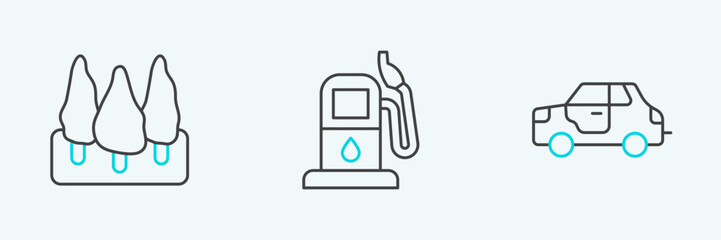 Set line Car, Forest and Petrol gas station icon. Vector