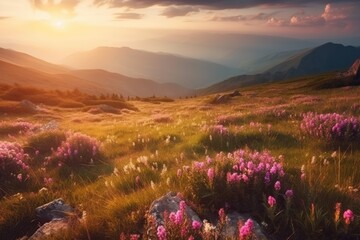 colorful field of wildflowers at sunset in the mountains. Generative AI
