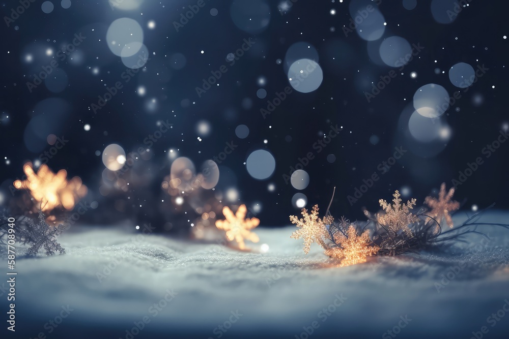 Wall mural christmas and new year theme background. light blue blurred abstract background with snowflake. crea