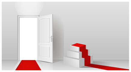 The interior of an empty room with a white wall, an open door, a white podium and a red carpet.
Free space for copying a 3d image.
